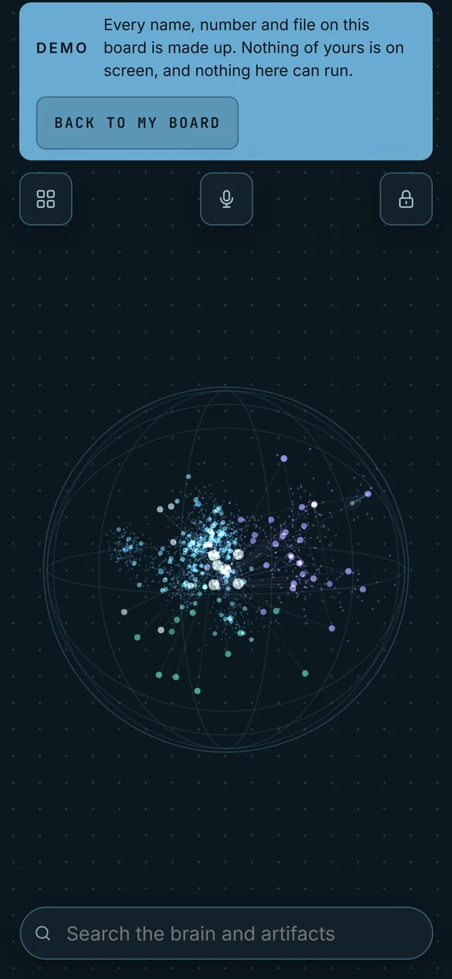 Agentic OS on a phone: the same board condensed into a single column with the graph on top.