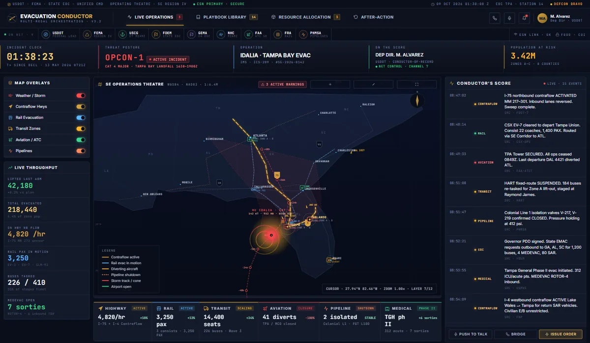 Evacuation Conductor: a live operations map of the US south-east with contraflow highways, rail evacuations and diverted aircraft, a throughput column and a timed log of orders.