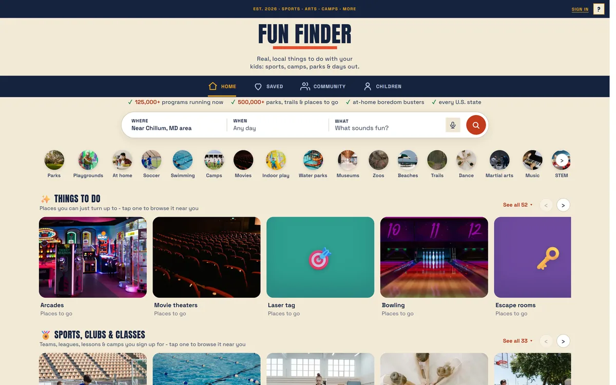 Fun Finder home page: a where, when and what search bar above rows of category photos.