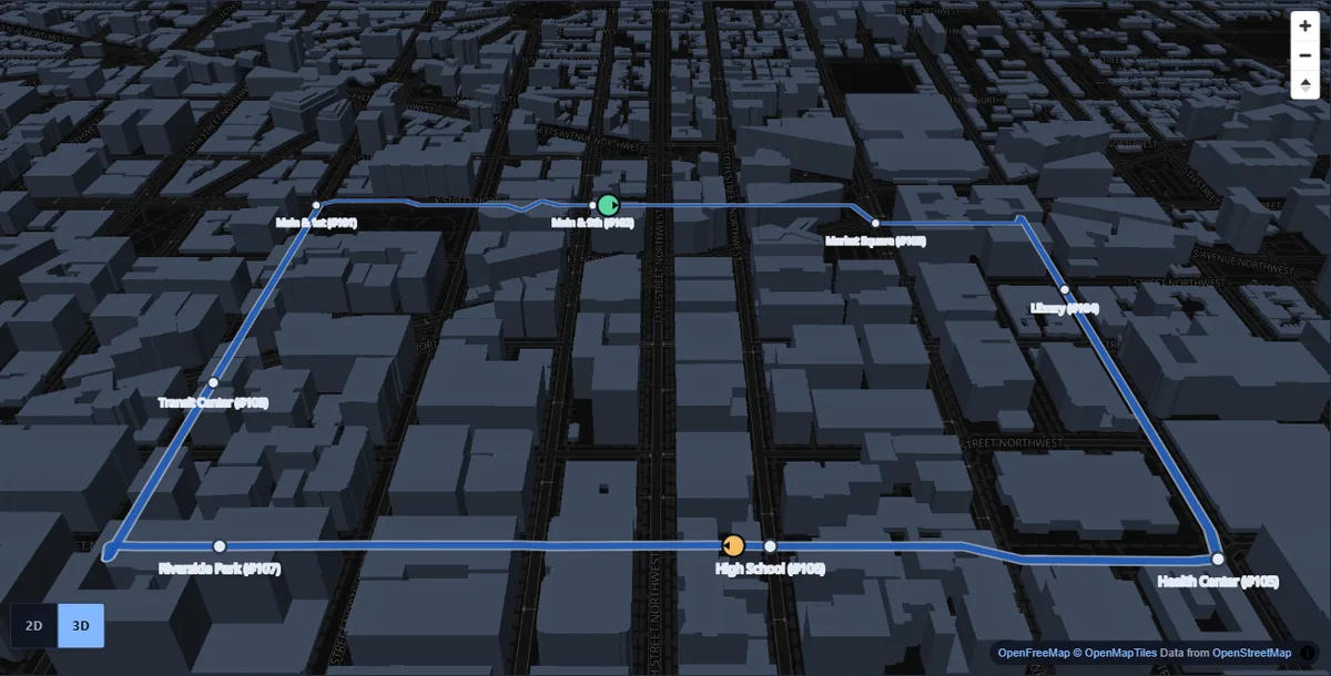 The rider map in 3D at night: a blue route loops through downtown blocks with named stops and a green bus marker.