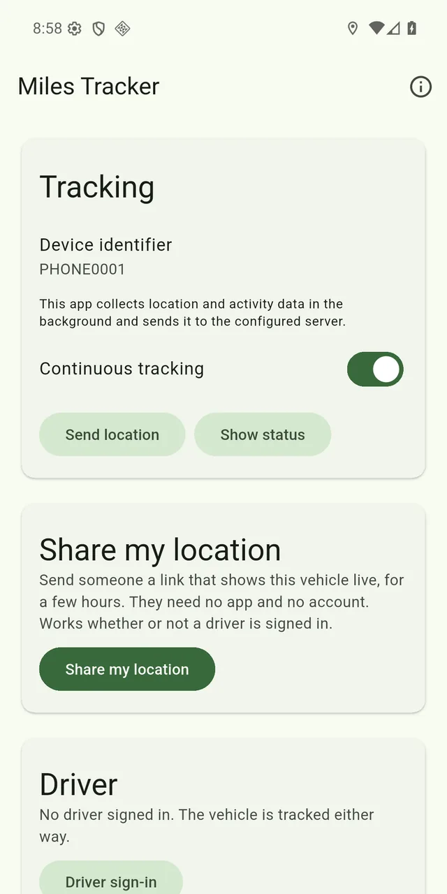 The Miles Tracker phone screen: tracking is on, and a large button offers to share the live link.