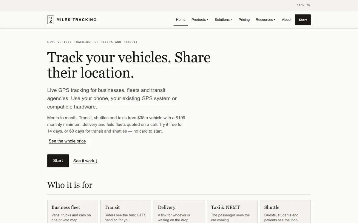 The Miles Tracking marketing site: a serif headline reading Track your vehicles. Share their location, with pricing and a Start button.