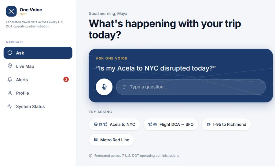 One Voice DOT: a single question box asking whether an Acela to New York is disrupted today, with example questions across rail, air and road.
