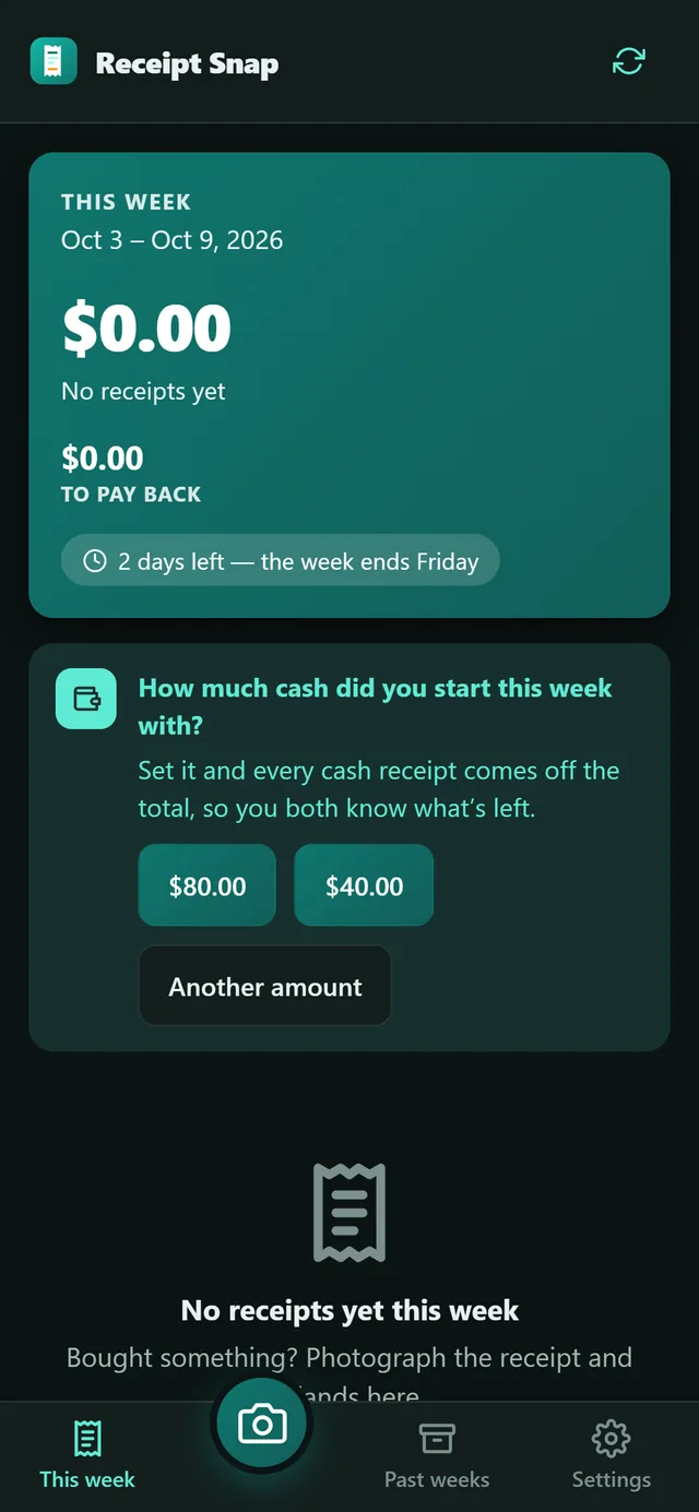Receipt Snap on a phone: this week's total, the cash to pay back, and a camera button to add a receipt.