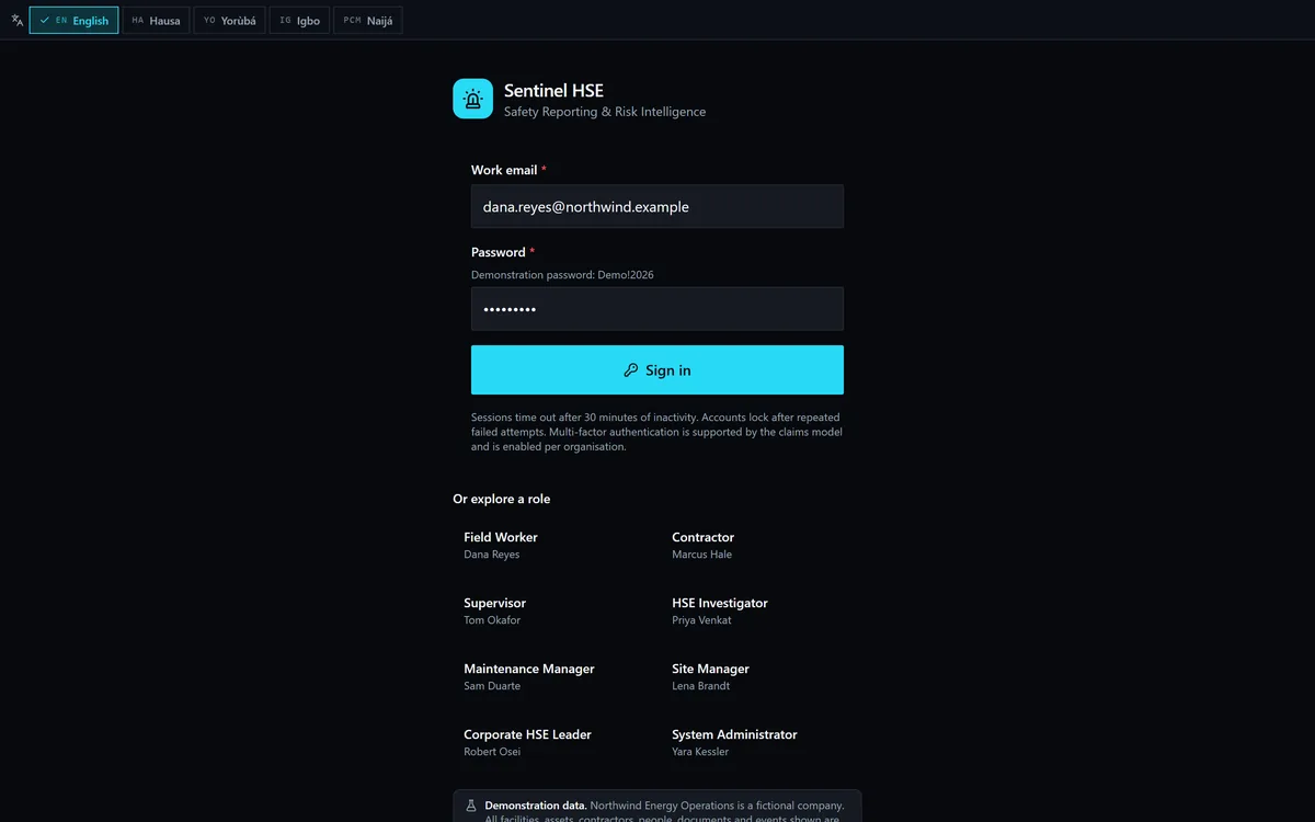 Sentinel HSE sign-in screen in dark mode.